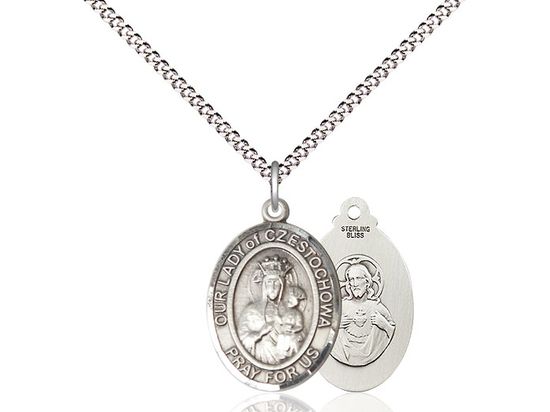 Sterling Silver Our Lady of Czestochowa Pendant on an 18&quot; Light Rhodium Light Curb Chain