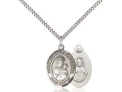 Sterling Silver Our Lady of Czestochowa Pendant on an 18&quot; Light Rhodium Light Curb Chain