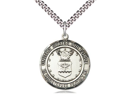 Sterling Silver Air Force St Christopher Pendant on a 24&quot; Light Rhodium Heavy Curb Chain
