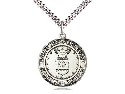 Sterling Silver Air Force St Christopher Pendant on a 24&quot; Light Rhodium Heavy Curb Chain