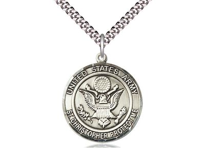 Sterling Silver U.S. Army St. Christopher Medal on a 24&quot; Light Rhodium Heavy Curb Chain