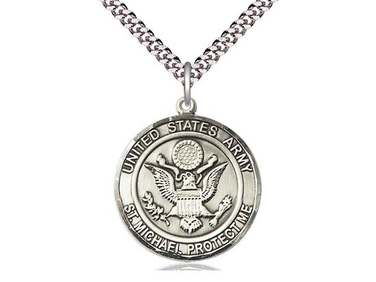 Sterling Silver U.S. Army St. Michael Medal on a 24&quot; Light Rhodium Heavy Curb Chain