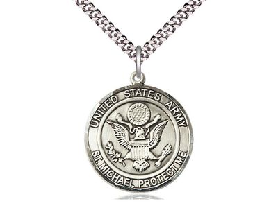 Sterling Silver U.S. Army St. Michael Medal on a 24&quot; Light Rhodium Heavy Curb Chain