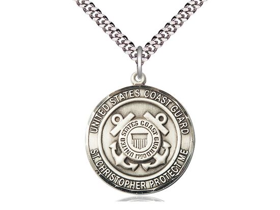 Sterling Silver U.S. Coast Guard St. Christopher Medal on a 24&quot; Light Rhodium Heavy Curb Chain