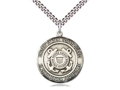 Sterling Silver U.S. Coast Guard St. Christopher Medal on a 24&quot; Light Rhodium Heavy Curb Chain