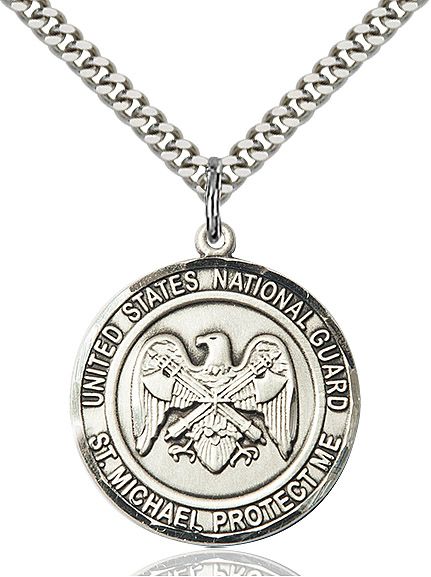 Sterling Silver U.S. National Guard St. Christopher Medal on a 24&quot; Light Rhodium Heavy Curb Chain