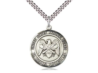 Sterling Silver U.S. National Guard St. Michael Medal on a 24&quot; Light Rhodium Heavy Curb Chain