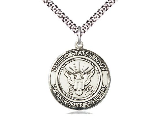 Sterling Silver U.S. Navy St. Christopher Medal on a 24&quot; Light Rhodium Heavy Curb Chain
