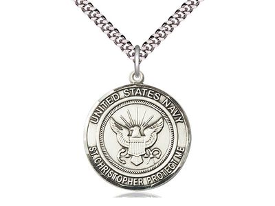 Sterling Silver U.S. Navy St. Christopher Medal on a 24&quot; Light Rhodium Heavy Curb Chain