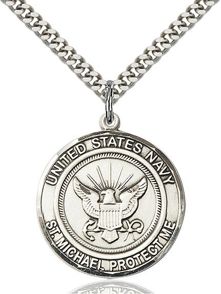 Sterling Silver U.S. Navy St. Michael Medal on a 24&quot; Light Rhodium Heavy Curb Chain