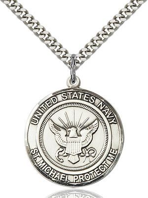 Sterling Silver U.S. Navy St. Michael Medal on a 24&quot; Light Rhodium Heavy Curb Chain