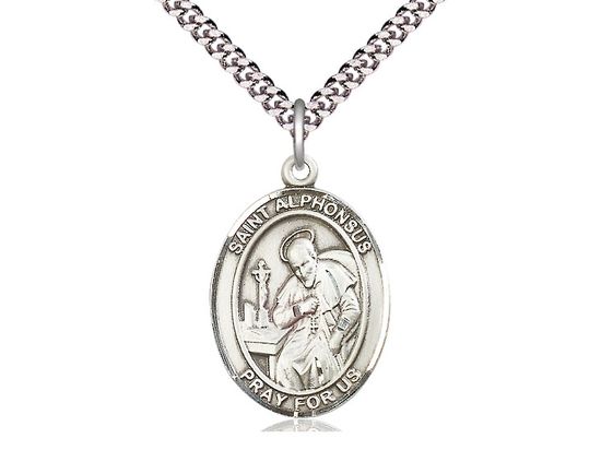 Sterling Silver St Alphonsus Pendant on a 24&quot; Light Rhodium Heavy Curb Chain