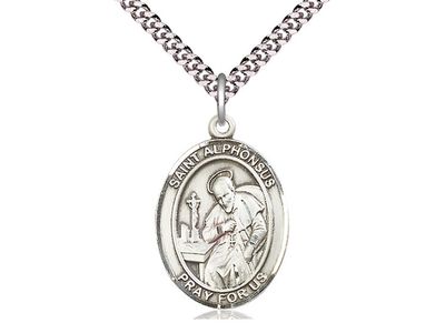 Sterling Silver St Alphonsus Pendant on a 24&quot; Light Rhodium Heavy Curb Chain