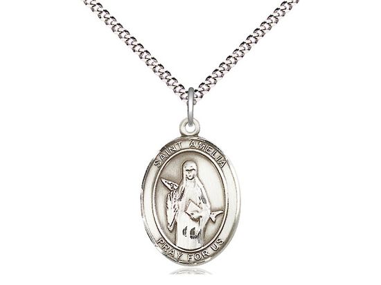 Sterling Silver St Amelia Pendant on a 18&quot; Light Rhodium Light Curb Chain