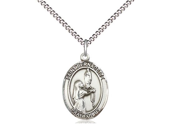 Sterling Silver St Bernadette Pendant on a 18&quot; Light Rhodium Light Curb Chain