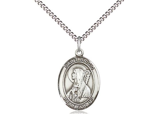 Sterling Silver St Brigid of Ireland Pendant on a 18&quot; Light Rhodium Light Curb Chain