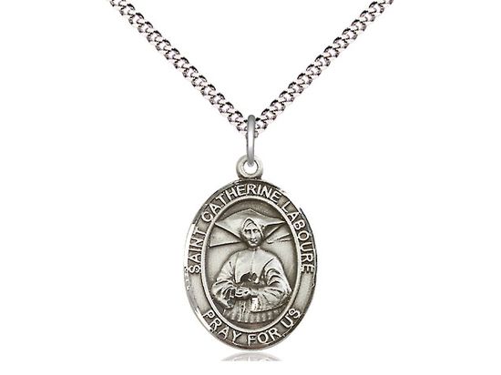 Sterling Silver St Catherine Laboure Pendant on a 18&quot; Light Rhodium Light Curb Chain