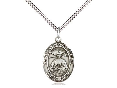 Sterling Silver St Catherine Laboure Pendant on a 18&quot; Light Rhodium Light Curb Chain