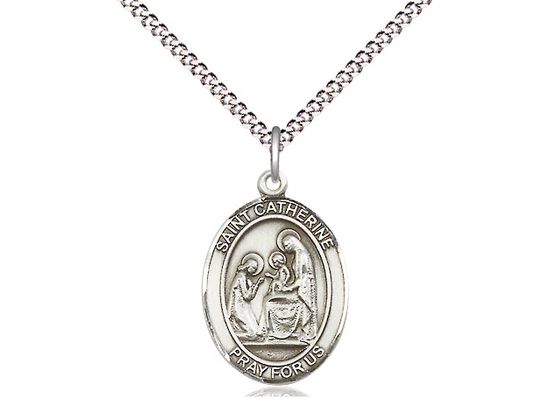 Sterling Silver St Catherine of Siena Pendant on a 18&quot; Light Rhodium Light Curb Chain
