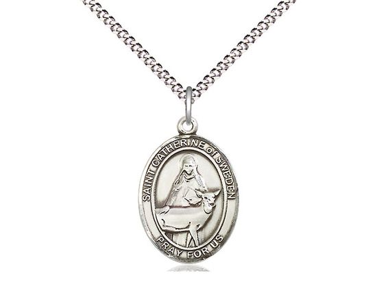Sterling Silver St Catherine of Sweden Pendant on a 18" Light Rhodium Light Curb Chain