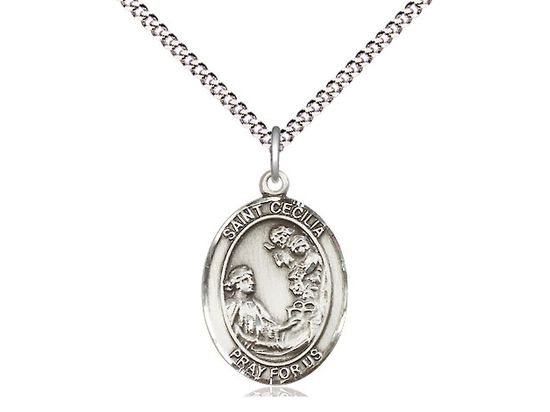 Sterling Silver St Cecilia Pendant on a 18" Light Rhodium Light Curb Chain