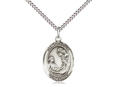 Sterling Silver St Cecilia Pendant on a 18&quot; Light Rhodium Light Curb Chain