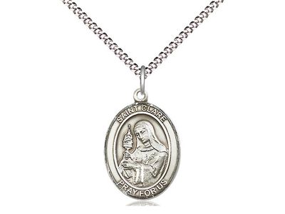 Sterling Silver St Clare of Assisi Pendant on a 18&quot; Light Rhodium Light Curb Chain