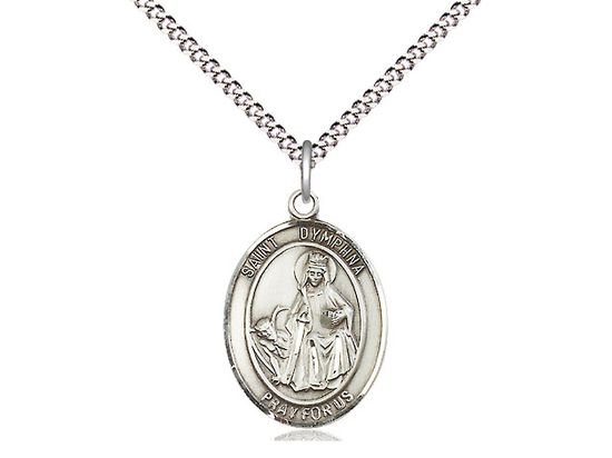 Sterling Silver St Dymphna Pendant on a 18&quot; Light Rhodium Light Curb Chain