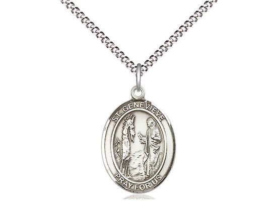 Sterling Silver St Genevieve Pendant on a 18&quot; Light Rhodium Light Curb Chain