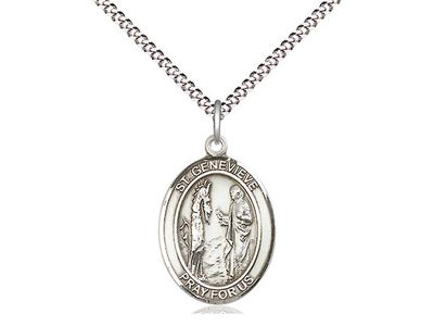 Sterling Silver St Genevieve Pendant on a 18&quot; Light Rhodium Light Curb Chain