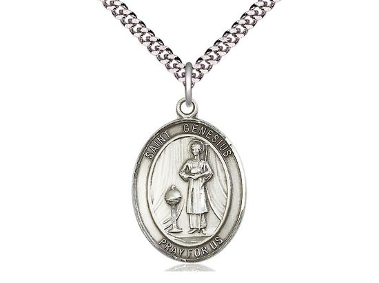 Sterling Silver St Genesius of Rome Pendant on a 24&quot; Light Rhodium Heavy Curb Chain