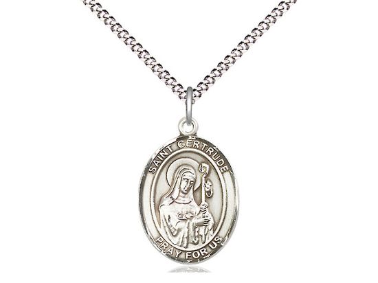 Sterling Silver St Gertrude of Nivelles Pendant on a 18&quot; Light Rhodium Light Curb Chain