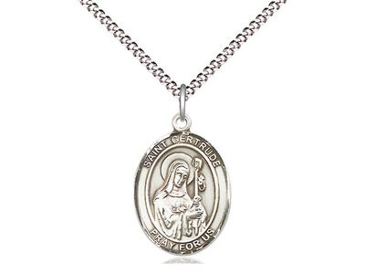 Sterling Silver St Gertrude of Nivelles Pendant on a 18&quot; Light Rhodium Light Curb Chain