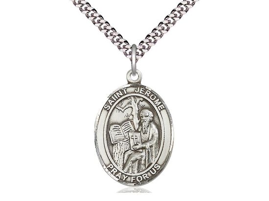 Sterling Silver St Jerome Pendant on a 24&quot; Light Rhodium Heavy Curb Chain.