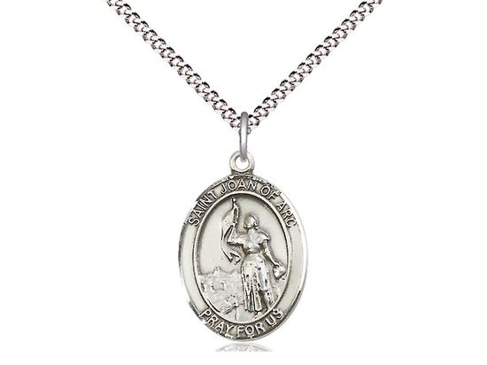 Sterling Silver St Joan of Arc Pendant on a 18&quot; Light Rhodium Light Curb Chain