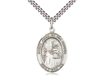 Sterling Silver St John of the Cross Pendant on a 24&quot; Light Rhodium Heavy Curb Chain