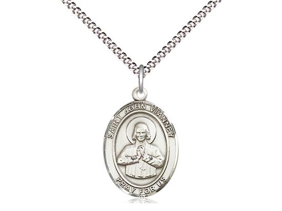 Sterling Silver St John Vianney Pendant on a 18&quot; Light Rhodium Light Curb Chain