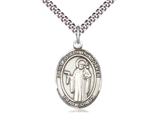 Sterling Silver St Joseph the Worker Pendant on a 24&quot; Light Rhodium Heavy Curb Chain
