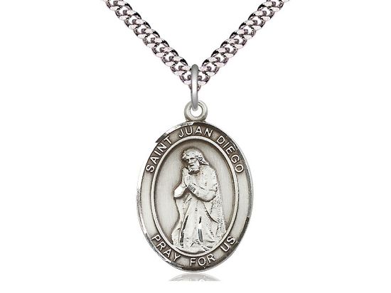 Sterling Silver St Juan Diego Pendant on a 24&quot; Light Rhodium Heavy Curb Chain