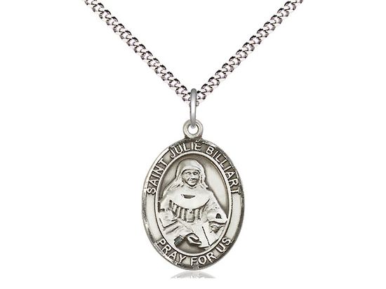Sterling Silver St Julie Billiart Pendant on a 18&quot; Light Rhodium Light Curb Chain