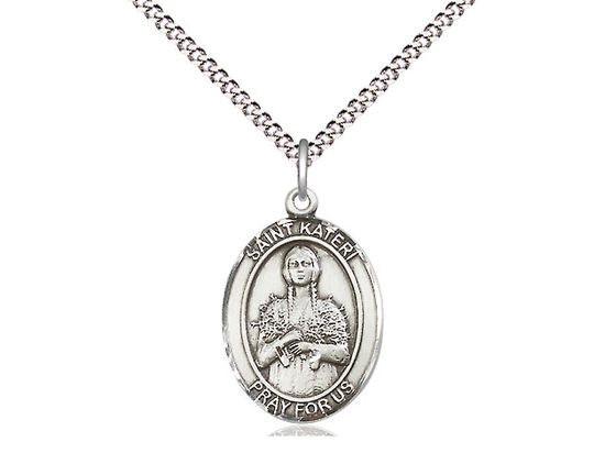 Sterling Silver St Kateri Pendant on a 18" Light Rhodium Light Curb Chain