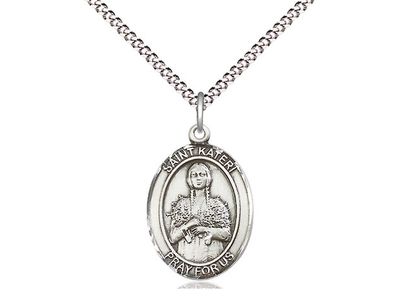 Sterling Silver St Kateri Pendant on a 18&quot; Light Rhodium Light Curb Chain