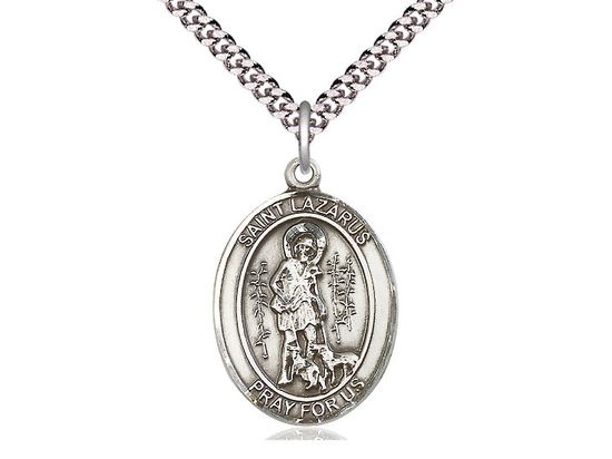 Sterling Silver St Lazarus Pendant on a 24&quot; Light Rhodium Heavy Curb Chain
