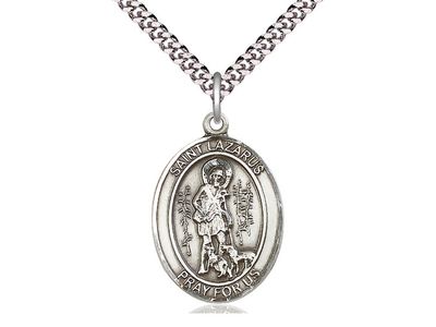 Sterling Silver St Lazarus Pendant on a 24&quot; Light Rhodium Heavy Curb Chain