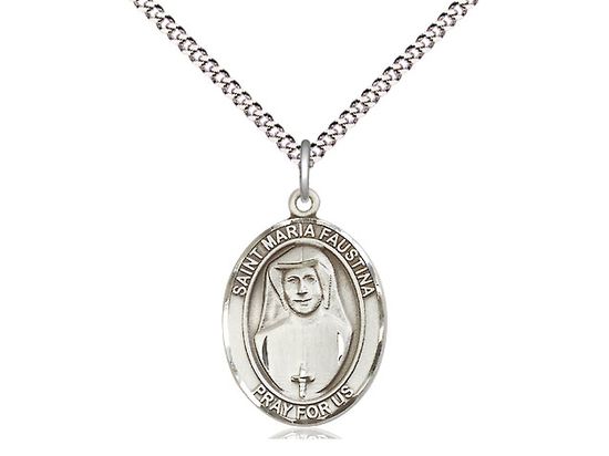 Sterling Silver St Maria Faustina Pendant on a 18&quot; Light Rhodium Light Curb Chain