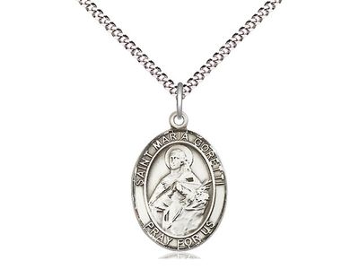 Sterling Silver St Maria Goretti Pendant on a 18&quot; Light Rhodium Light Curb Chain