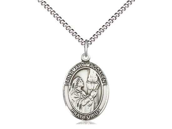 Sterling Silver St Mary Magdalene Pendant on a 18&quot; Light Rhodium Light Curb Chain