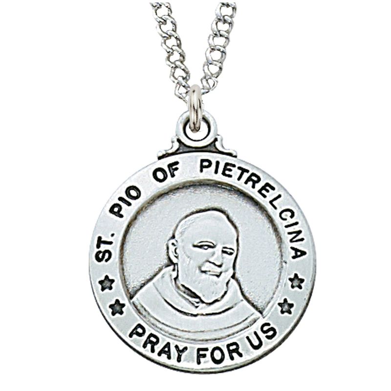 Sterling Silver Padre Pio Medal on 20&quot; Stainless Steel Chain