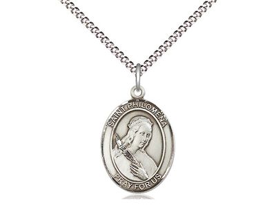 Sterling Silver St Philomena Pendant on a 18&quot; Light Rhodium Light Curb Chain