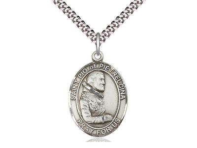 Sterling Silver St Pio of Pietrelcina Pendant on a 24&quot; Light Rhodium Heavy Curb Chain